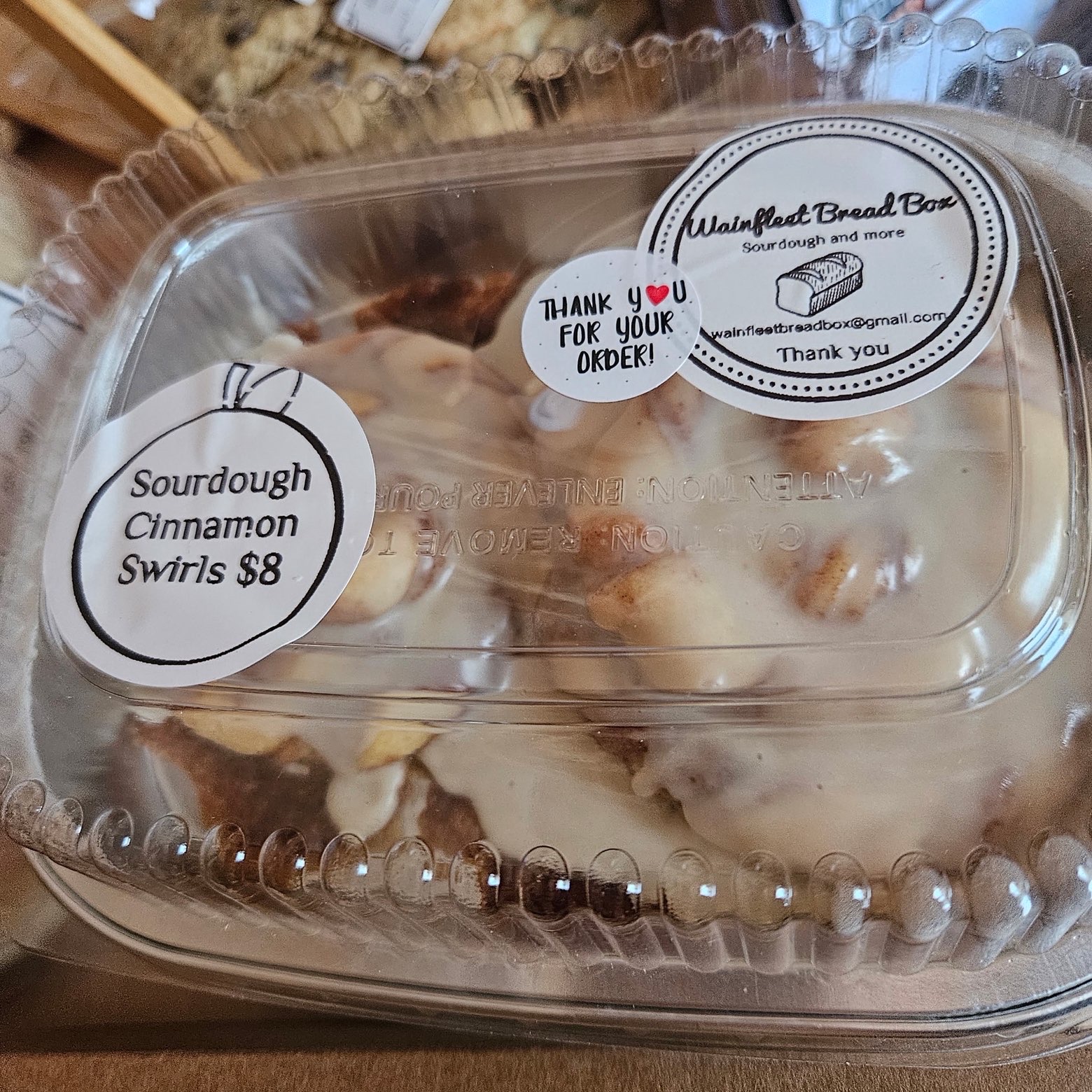 Sourdough cinnamon swirls with WBB label